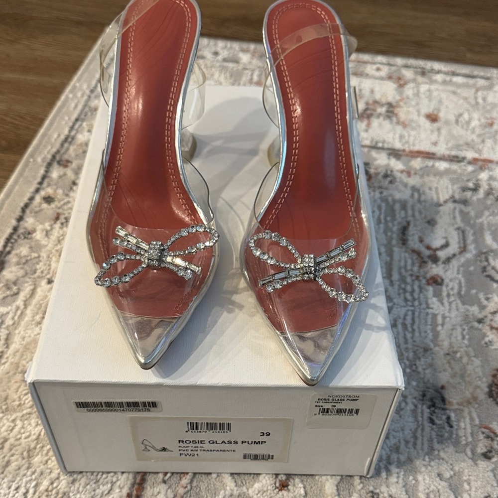 Amina Muaddi Clear Heels with Rhinestone Bow